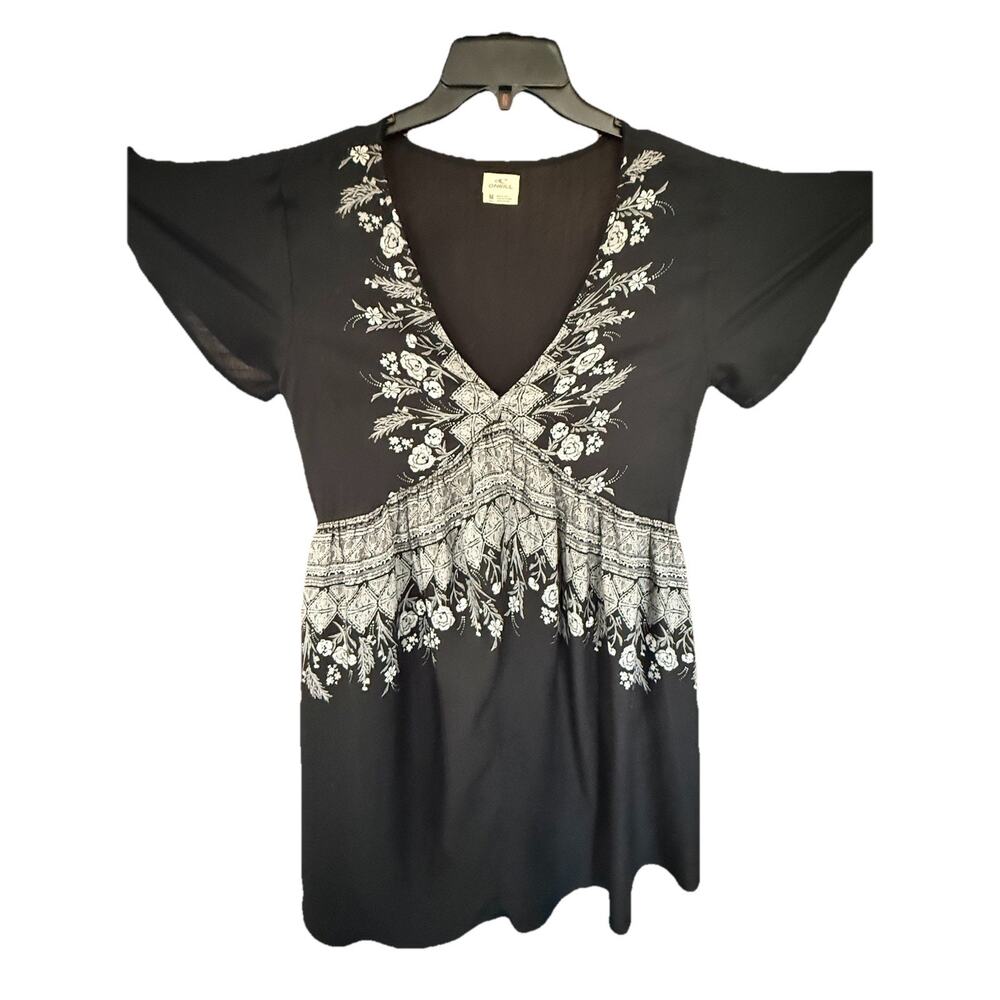 O'Neill Womans Black Empire Waist Floral Mini Summer Dress Casual Sz Small